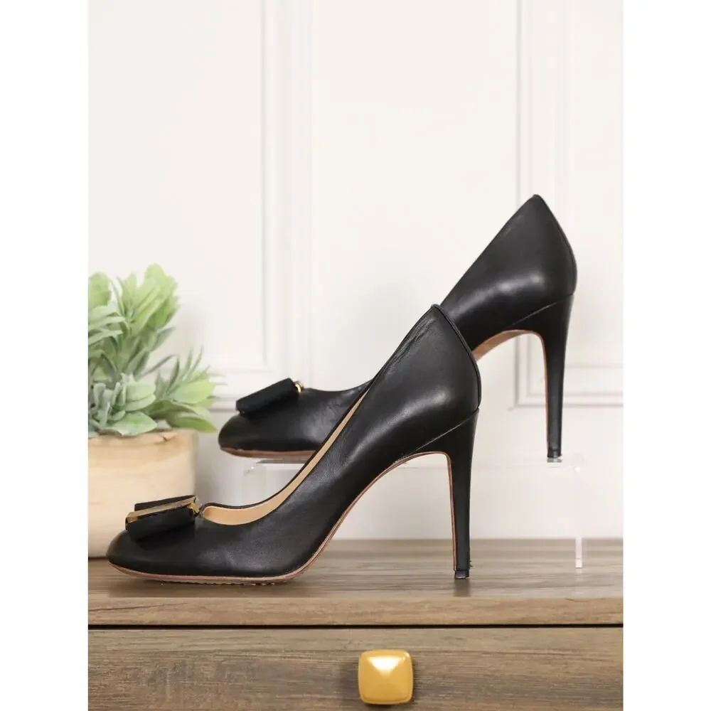 Tory Burch Black Leather Pumps Tortoise Logo Bow Heels Size 8 Classic Preppy